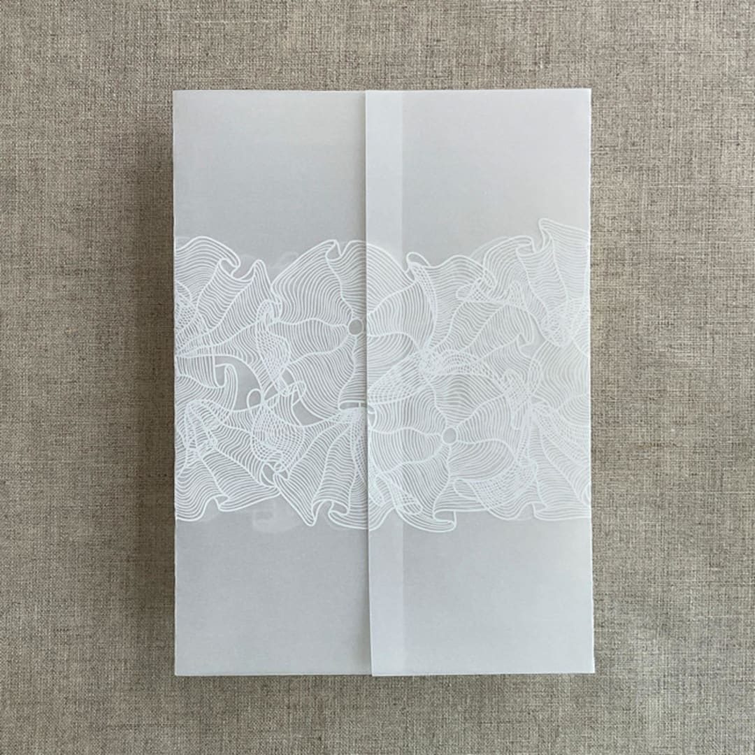 "White ink print Ruffled floral lace ribbon printed vellum wrap for 5x7 card | pack of 10" - Invitation Jackets and Overlays in white by Ivory Invitations