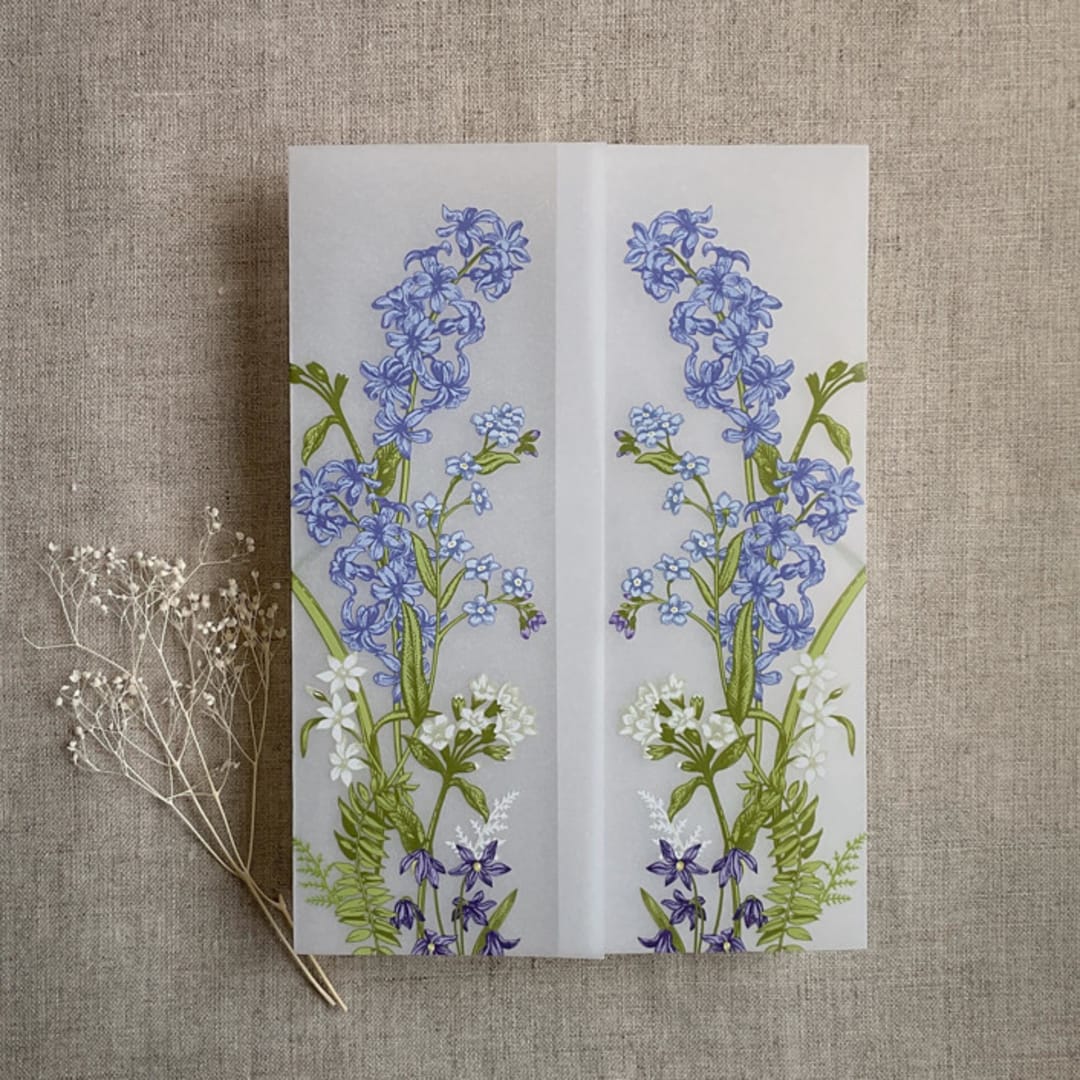 "Eleanor blue and white floral botanic garden printed vellum wrap for 5x7 card | pack of 10" - Invitation Jackets and Overlays in blue by Ivory Invitations