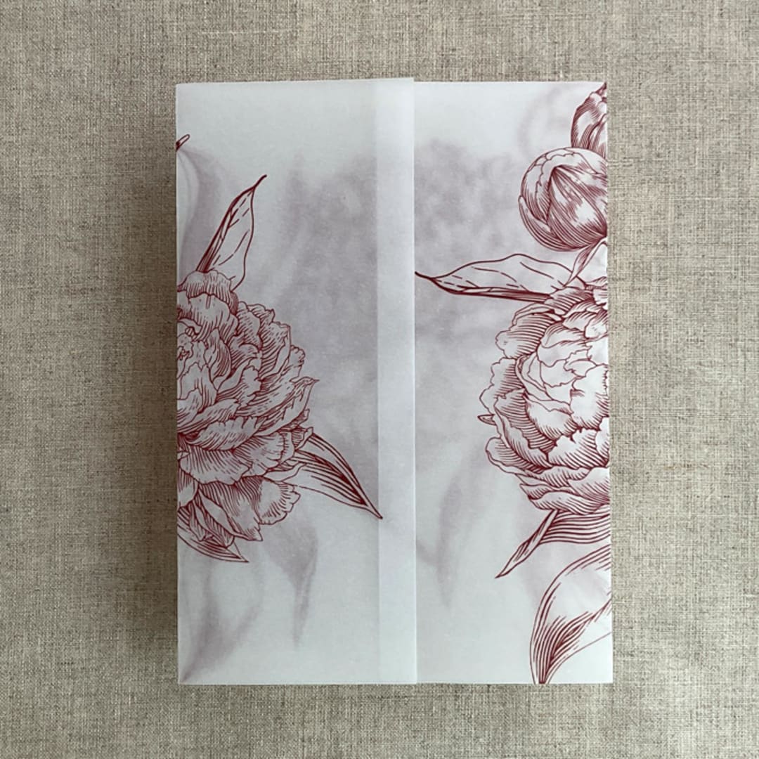 "Burgundy etched grand peony floral printed vellum wrap for 5x7 card | pack of 10" - Invitation Jackets and Overlays in red by Ivory Invitations