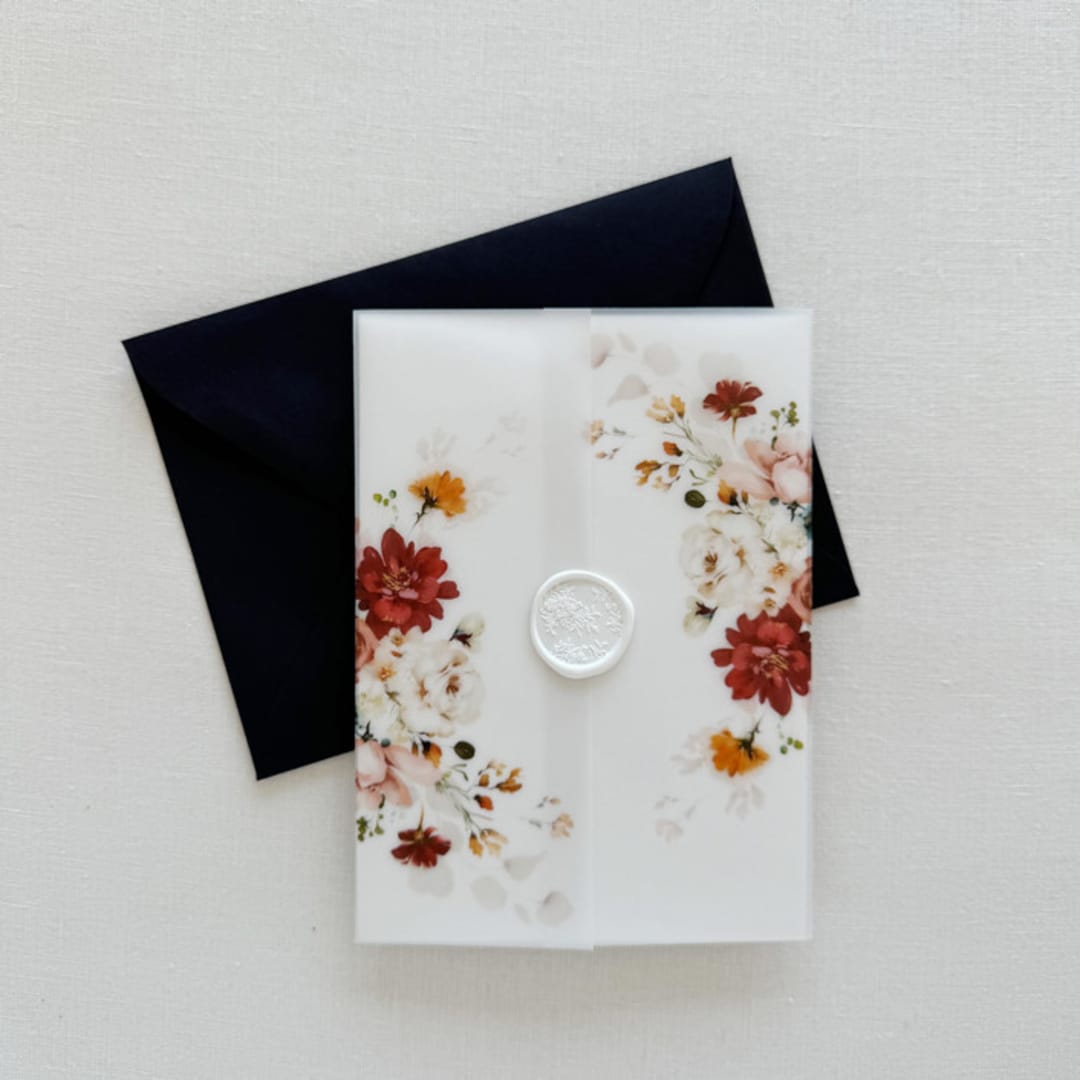 "Bold Wildflowers Vellum Jacket for Wedding Invitations (10 Pack)" - Invitation Jackets and Overlays in orange by Eva Friesen