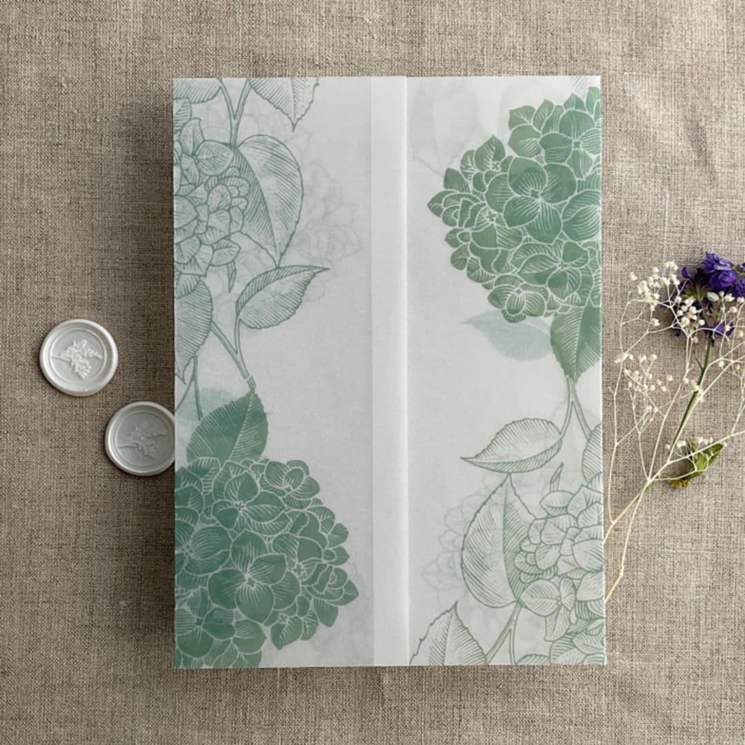 "Sage Hydrangea floral printed vellum wrap for 5x7 card | pack of 10" - Invitation Jackets and Overlays in green by Ivory Invitations