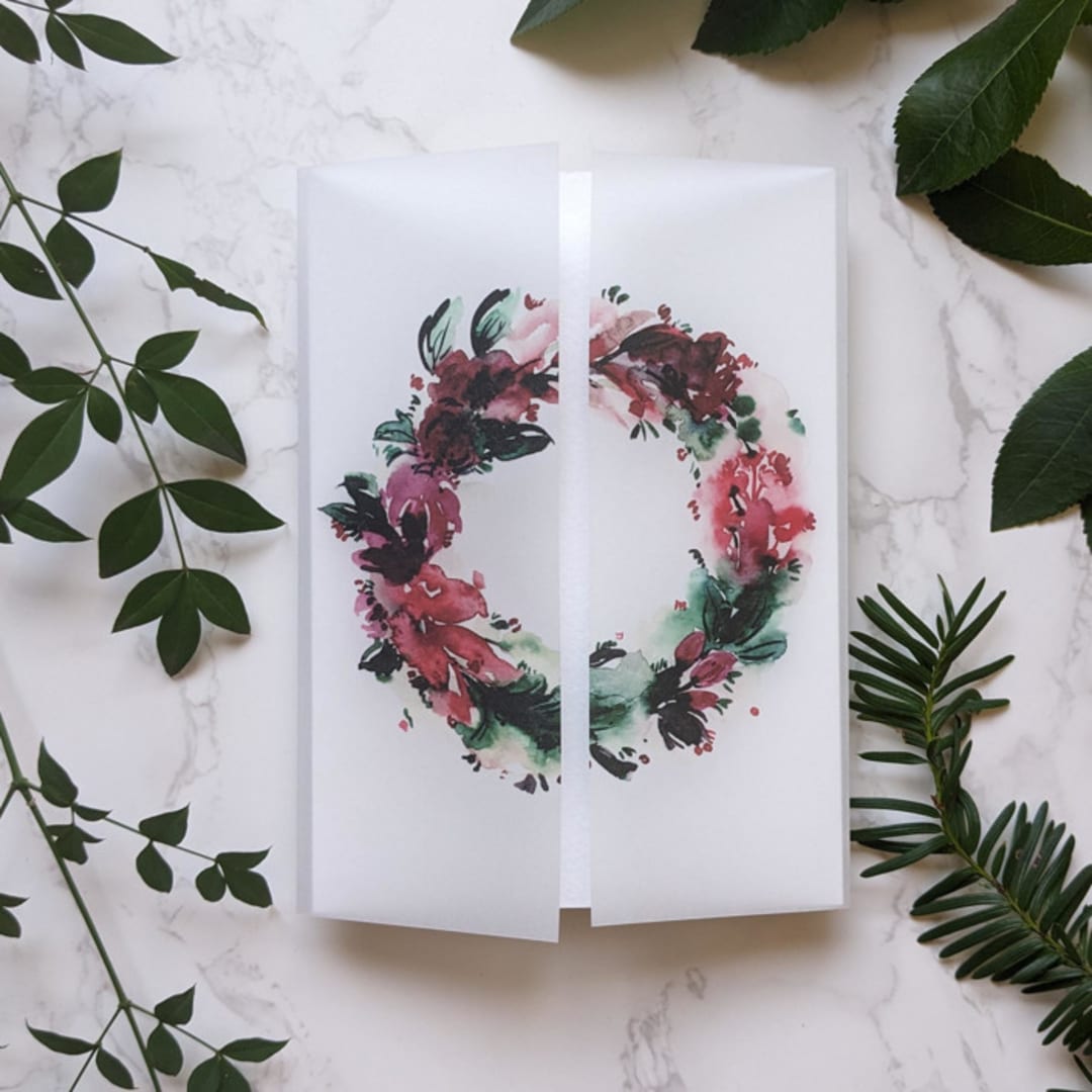 "Wreath Watercolor Vellum Wrap" - Invitation Jackets and Overlays in white by Campofiore Paper Studio