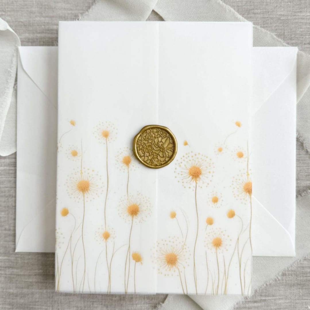 "Yellow dandelions vellum jackets for invitations | Set of 10" - Invitation Jackets and Overlays in yellow by Maria Ferrer G.