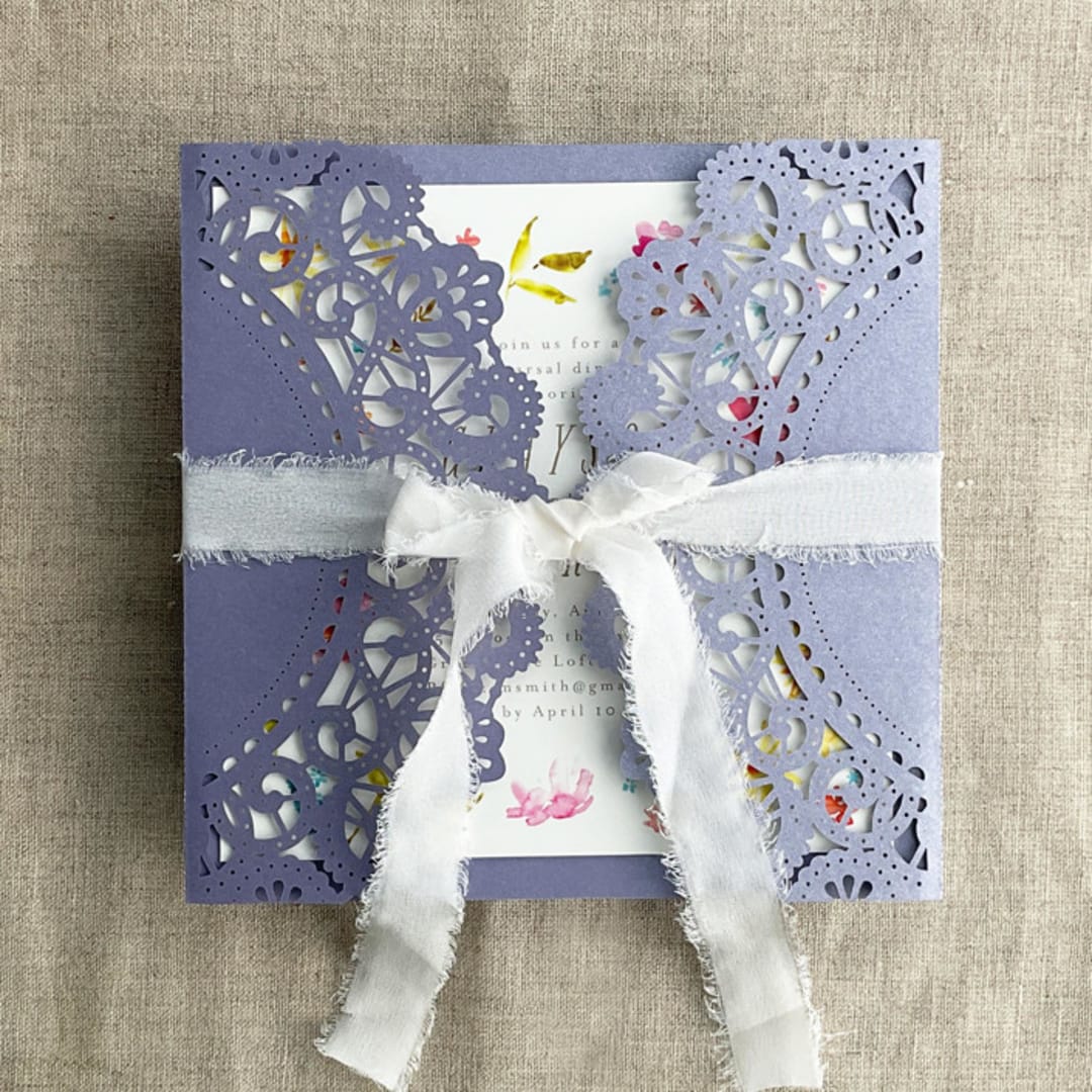 "Lavender Lace Lasercut Jacket for 5.25x5.25 inch Invitation | Pack of 10" - Invitation Jackets and Overlays in purple by Ivory Invitations