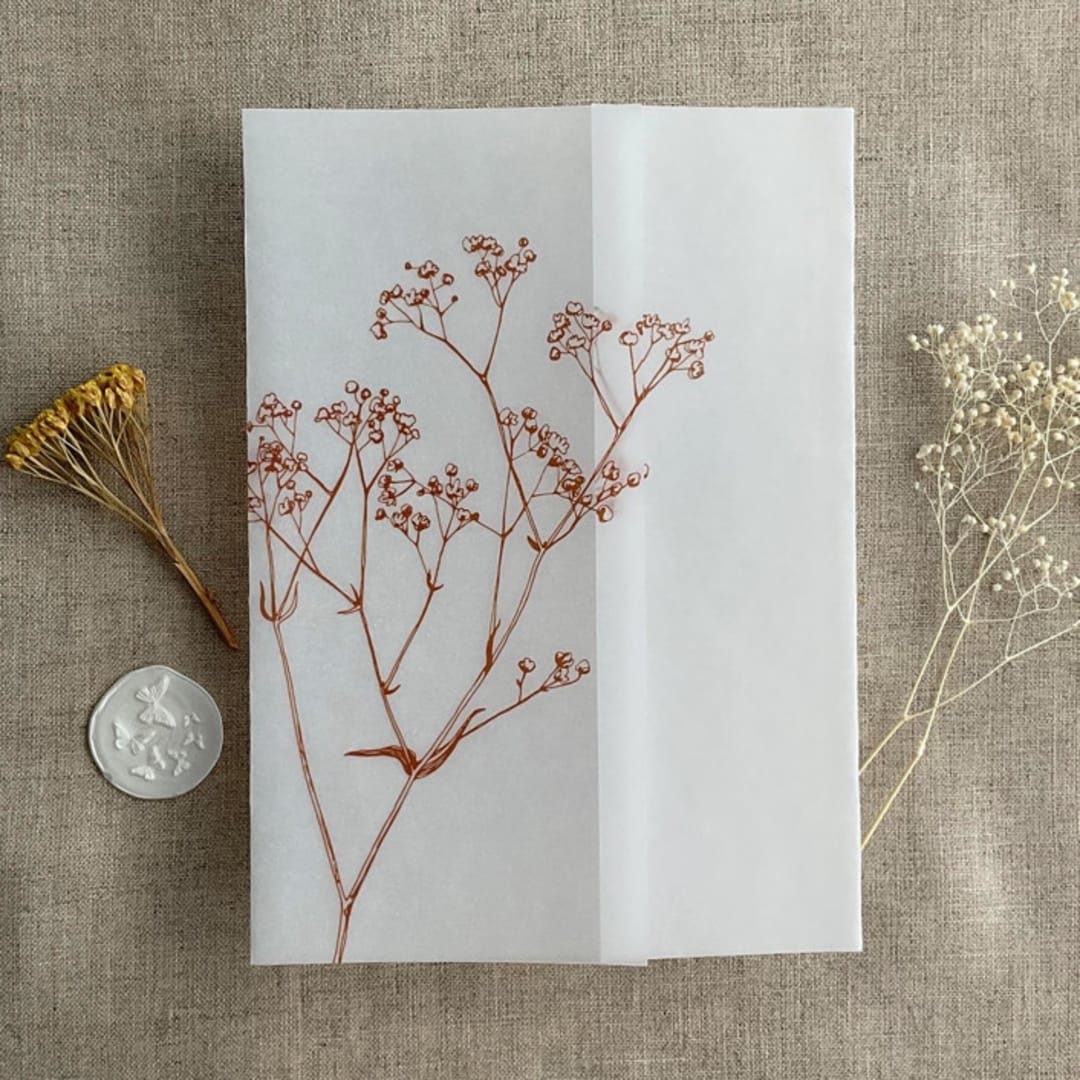 "Minimalist baby's breath flower rust color printed vellum wrap for 5x7 card | pack of 10" - Invitation Jackets and Overlays in bronze by Ivory Invitations