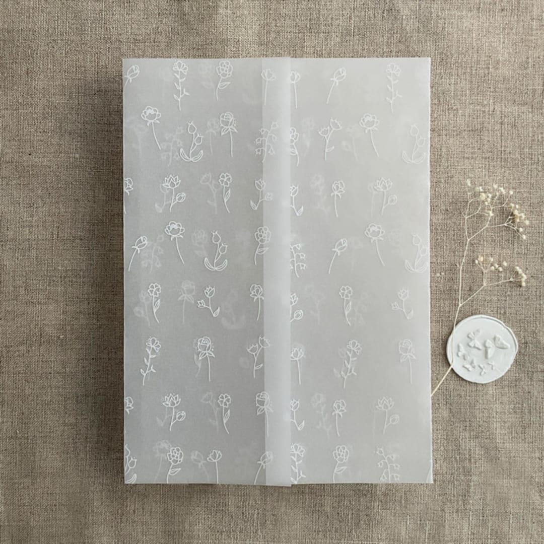 "Minimalist endless love floral white ink printed vellum wrap for 5x7 card | pack of 10" - Invitation Jackets and Overlays in white by Ivory Invitations