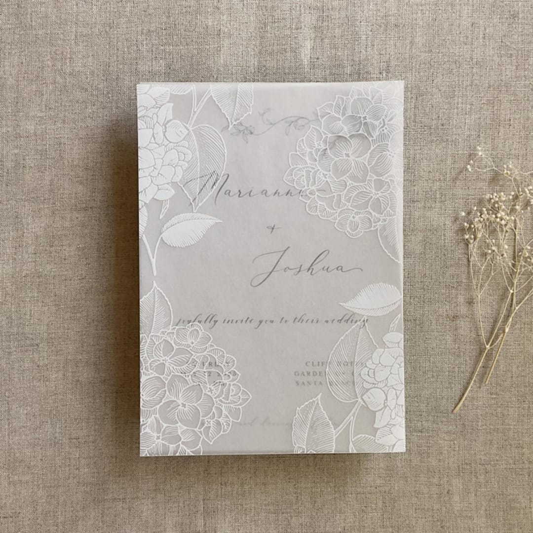 "Hydrangea white ink print vellum overlay for 5x7 card | pack of 10" - Invitation Jackets and Overlays in white by Ivory Invitations