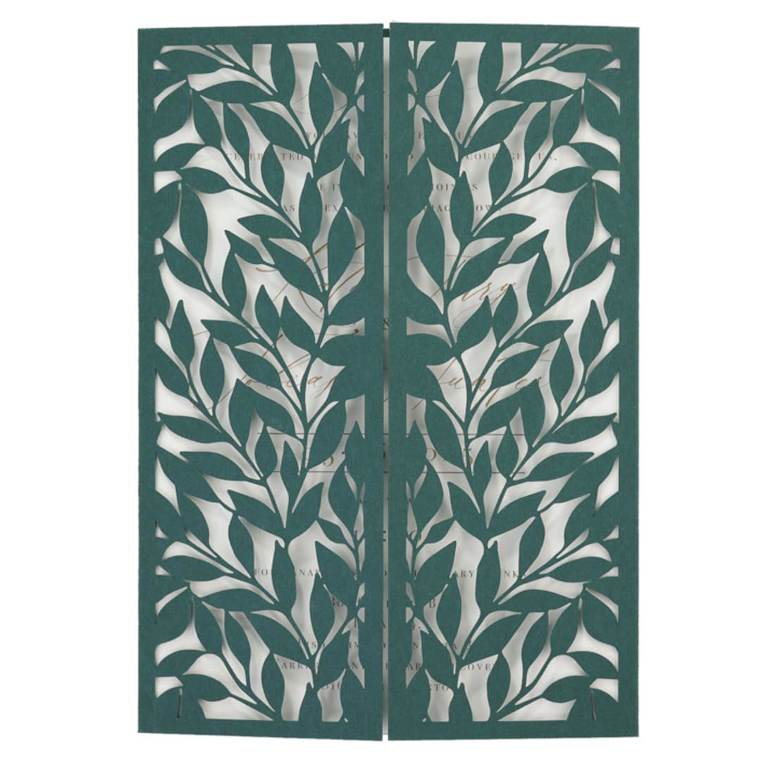 "Green Laser Cut Gatefold with Leaf Motif for 5x7 Card | Set of 10 | Envelopes Included" - Invitation Jackets and Overlays in green by Self Stationery