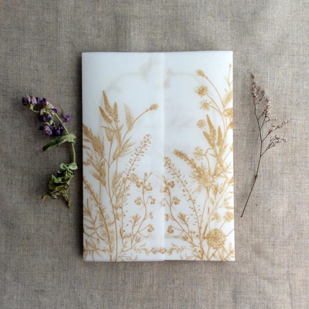 "Faux Gold English botanical garden floral vellum wrap for 5x7 card | pack of 10" - Invitation Jackets and Overlays in gold by Ivory Invitations