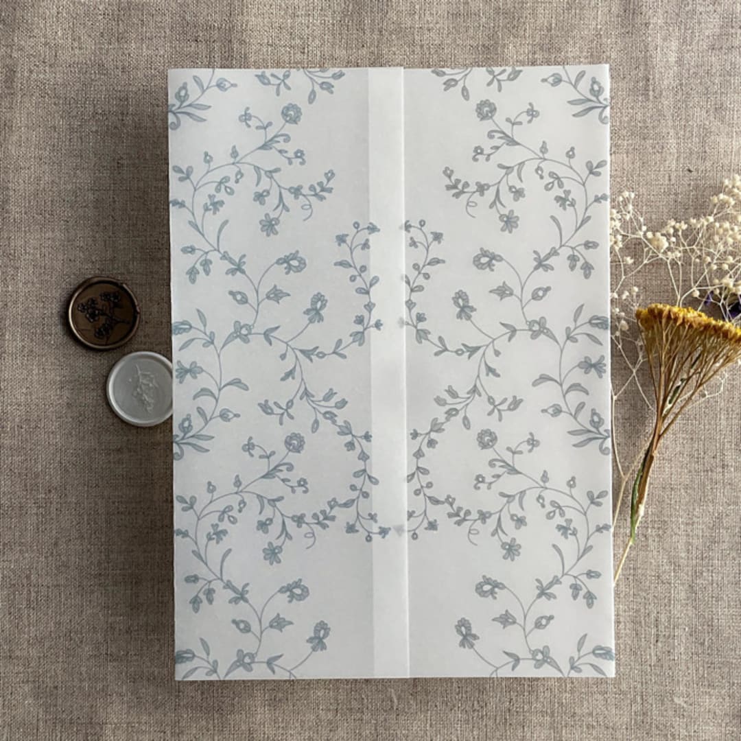 "Steel blue dainty floral vines printed vellum wrap for 5x7 card  | pack of 10" - Invitation Jackets and Overlays in blue by Ivory Invitations
