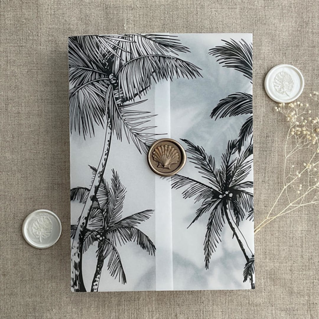 "Palm trees beach side black printed vellum wrap for 5x7 card | pack of 10" - Invitation Jackets and Overlays in black by Ivory Invitations