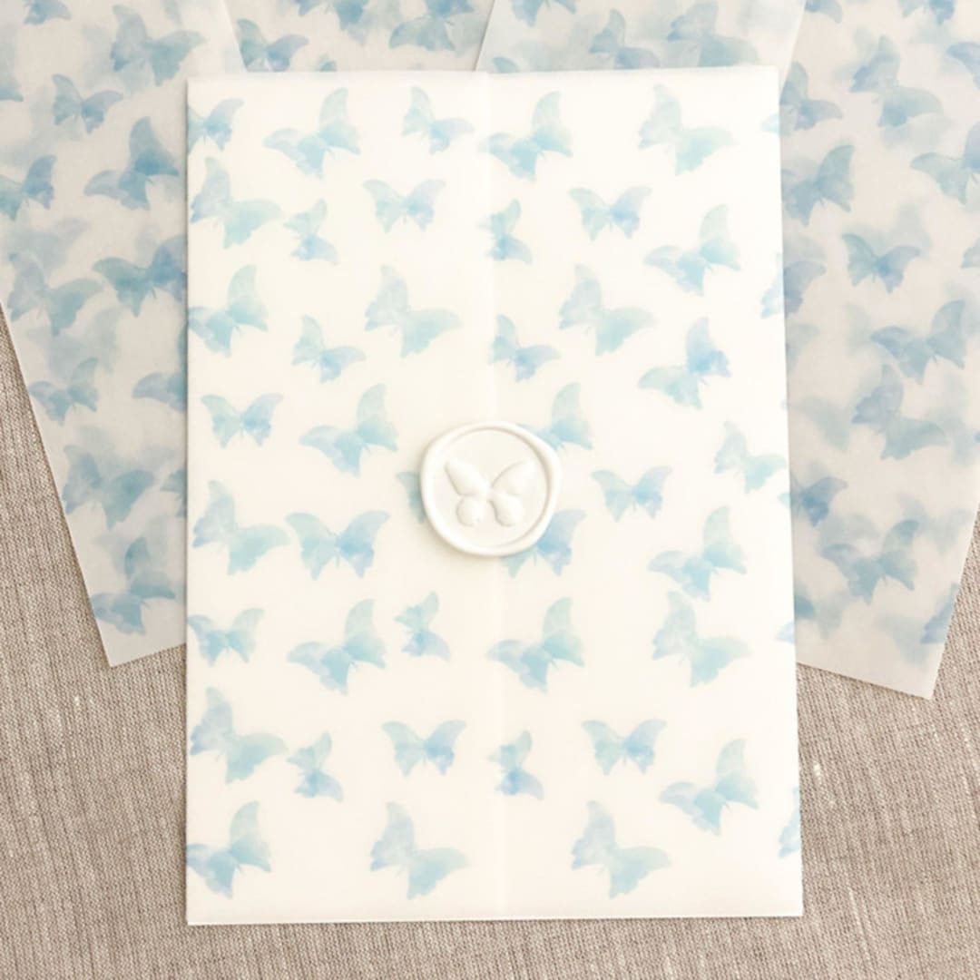 "Blue butterflies pattern vellum wrap for invitations | Set of 10" - Invitation Jackets and Overlays in blue by Maria Ferrer G.