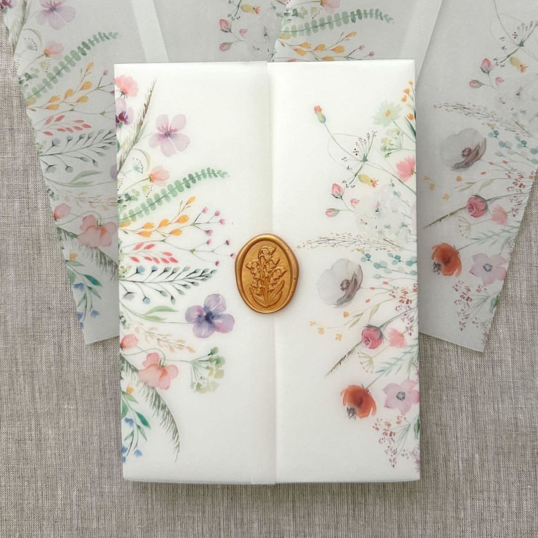 "Colorful watercolor wildflowers vellum wraps for invitations | Set of 10" - Invitation Jackets and Overlays in multicolorassorted-colors by Maria Ferrer G.