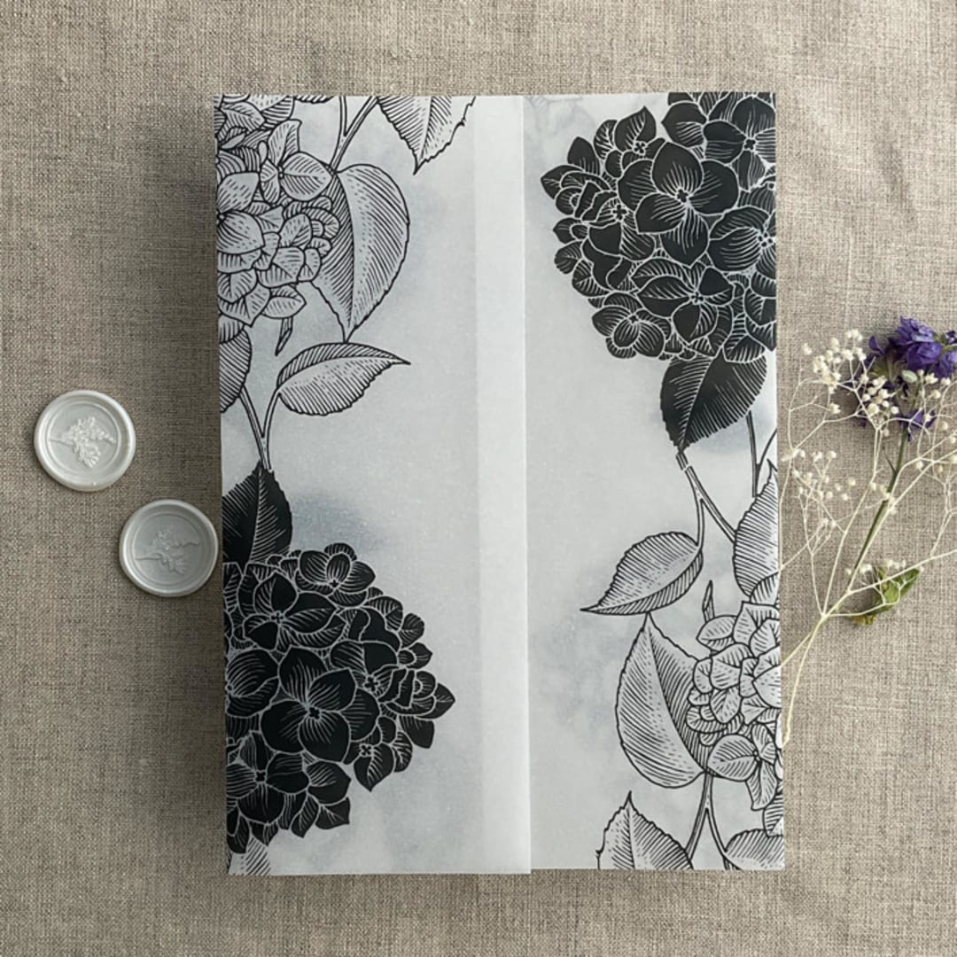 "Black Hydrangea floral printed vellum wrap for 5x7 card | pack of 10" - Invitation Jackets and Overlays in black by Ivory Invitations