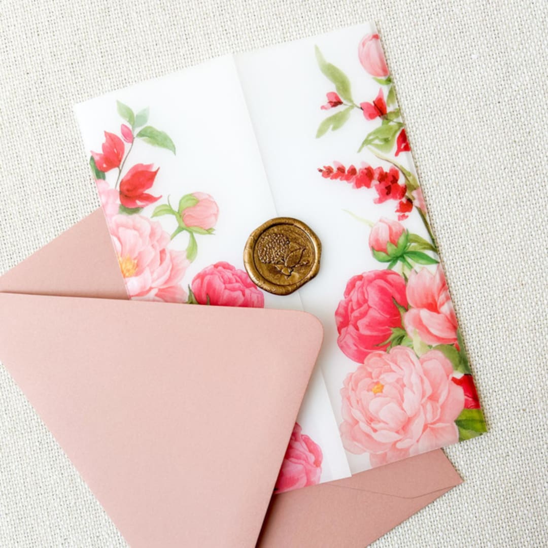 "Bright Pink Floral Vellum Jackets | Set of 10" - Invitation Jackets and Overlays in pink by Megan Tendler
