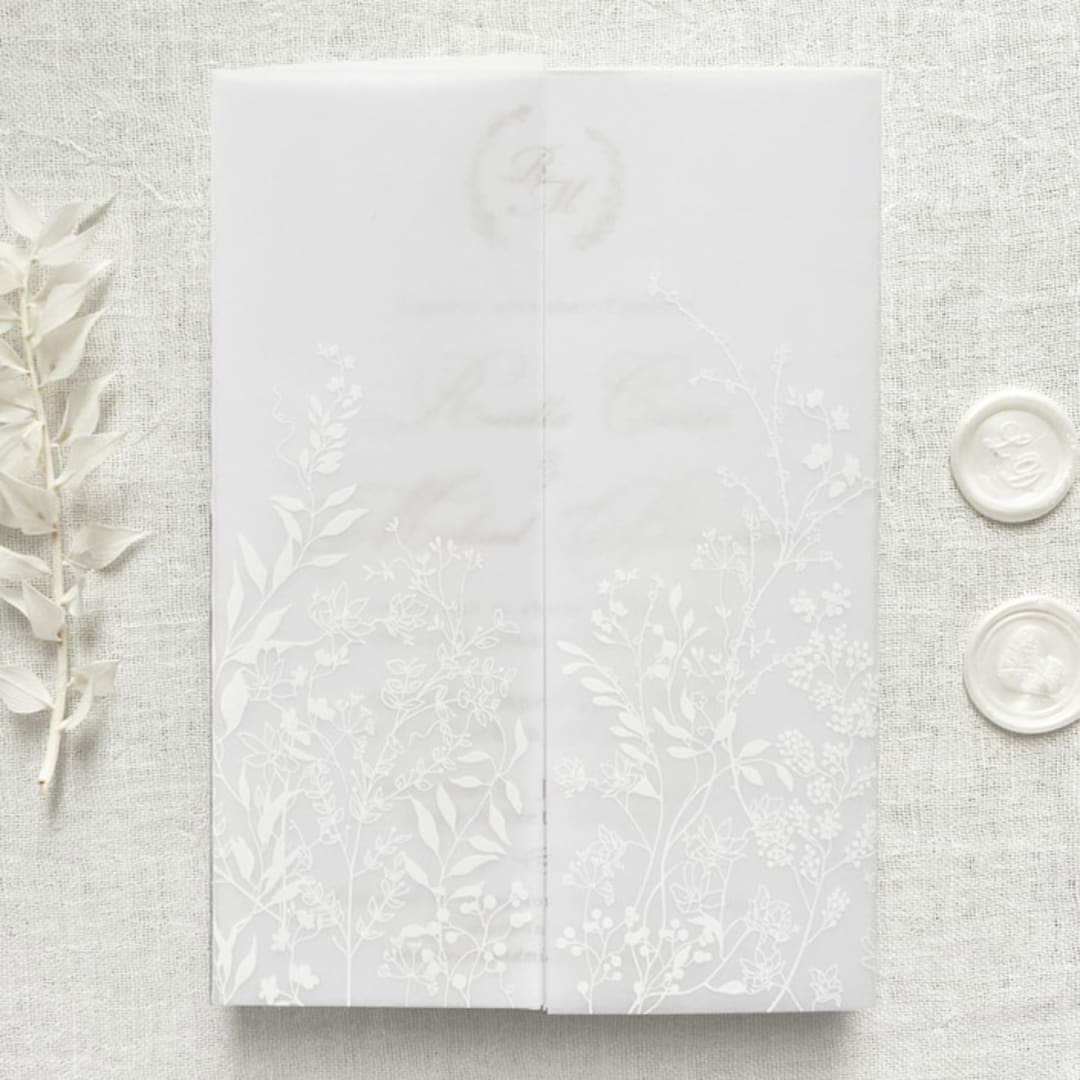 "White Botanical Vellum Jacket for 5x7 Wedding Invitations, Delicate Plant Pattern Translucent Wrap | Set of 10" - Invitation Jackets and Overlays in white by Self Stationery