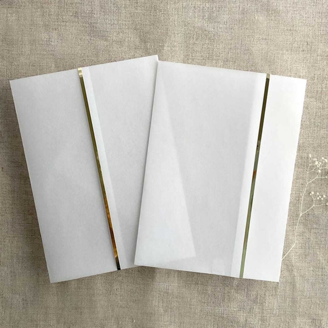 "Gold foil trim on edge white translucent vellum wrap for 5x7 cards | pack of 10" - Invitation Jackets and Overlays in gold by Ivory Invitations