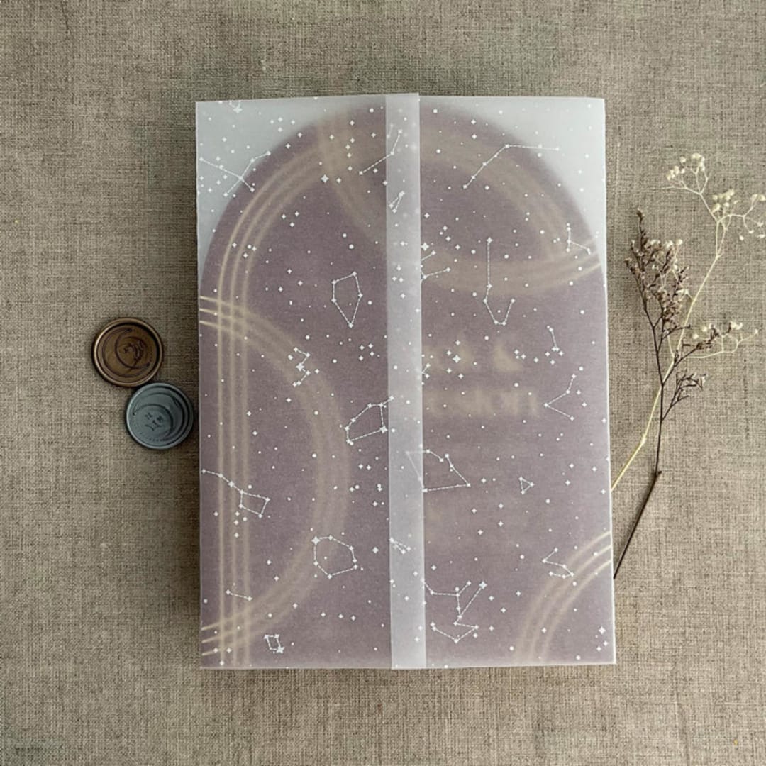"White ink print stella celestial constellation starry night sky stars printed vellum wrap for 5x7 card  | pack of 10" - Invitation Jackets and Overlays in white by Ivory Invitations