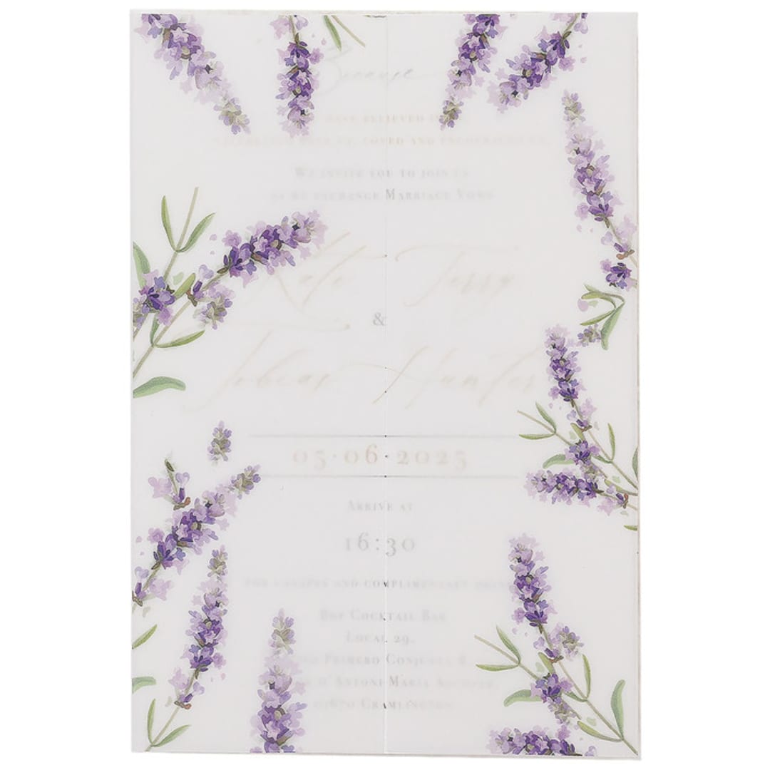 "Lavender floral printed vellum wrap for 5x7 card , Set of 10" - Invitation Jackets and Overlays in white by Self Stationery