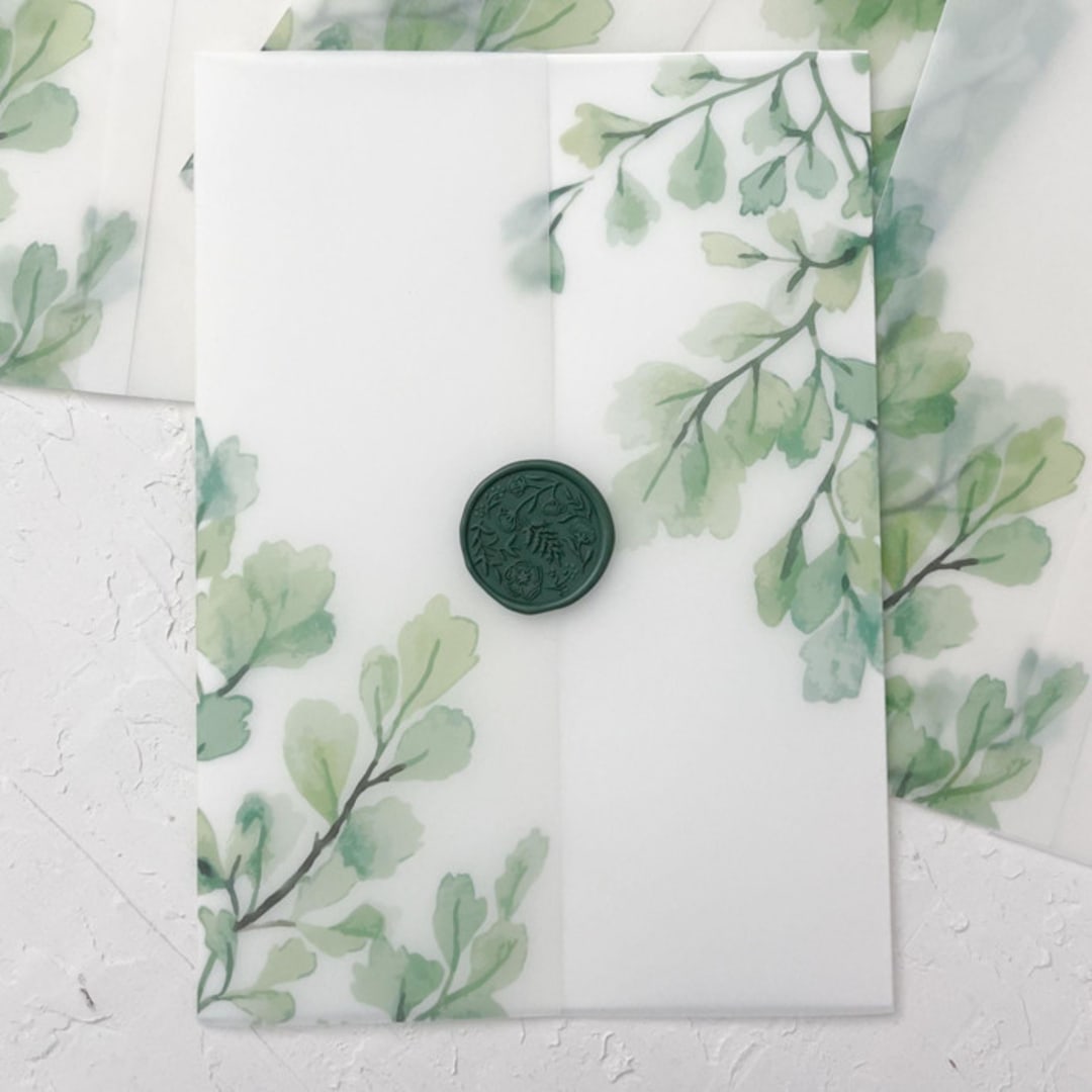 "Watercolor greenery vellum wraps for 5x7 invitations | Set of 10" - Invitation Jackets and Overlays in green by Maria Ferrer G.