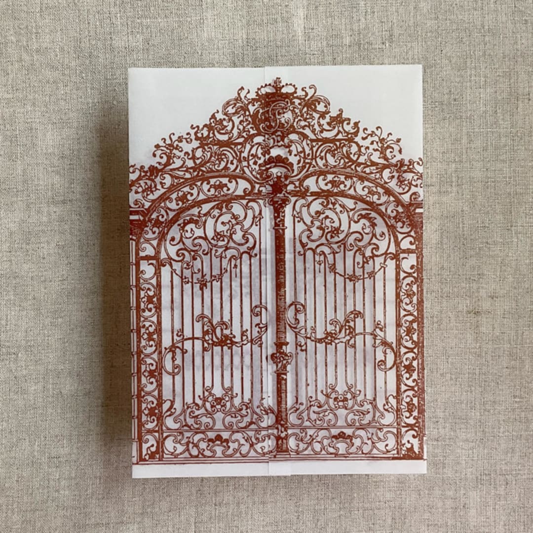 "Rust vintage arched gate printed vellum wrap for 5x7 card | pack of 10" - Invitation Jackets and Overlays in copper by Ivory Invitations