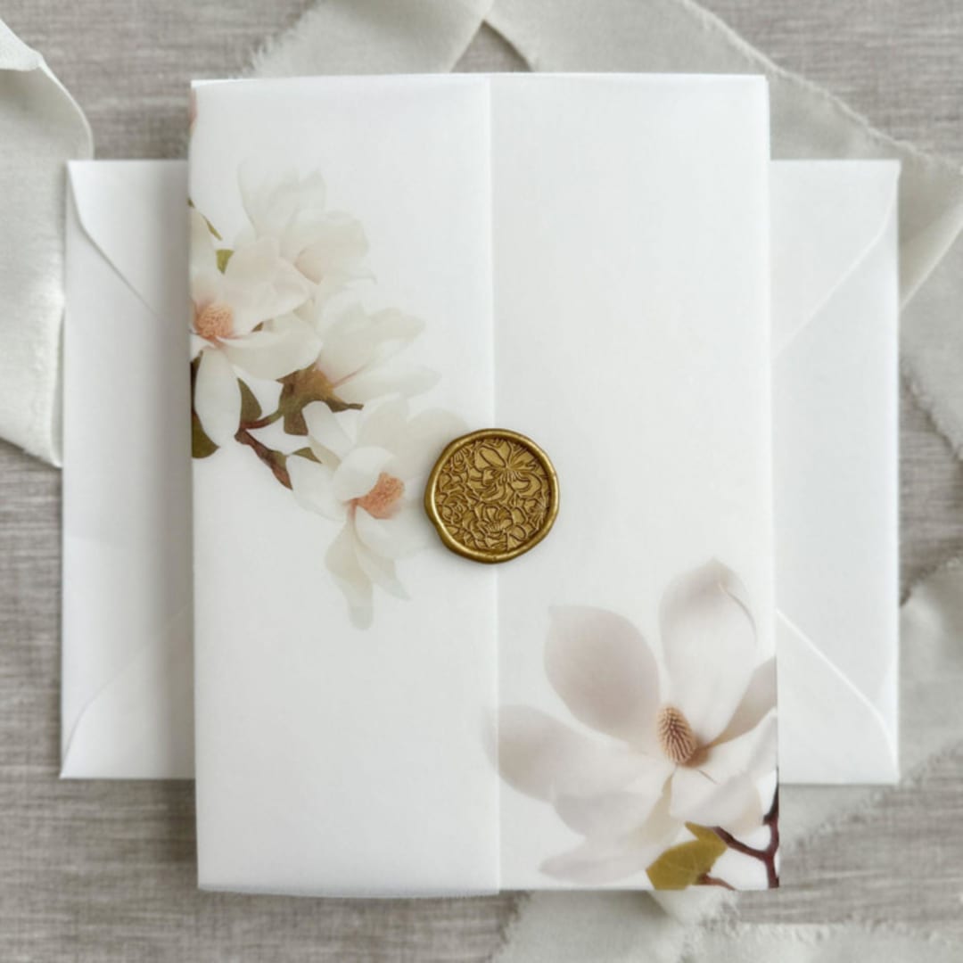 "Magnolia vellum jackets for invitations | Set of 10" - Invitation Jackets and Overlays in white by Maria Ferrer G.