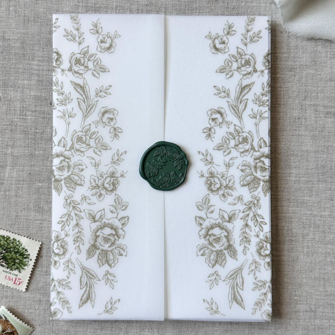 "Sage green toile vellum jacket | Set of 11" - Invitation Jackets and Overlays in green by Maria Ferrer G.