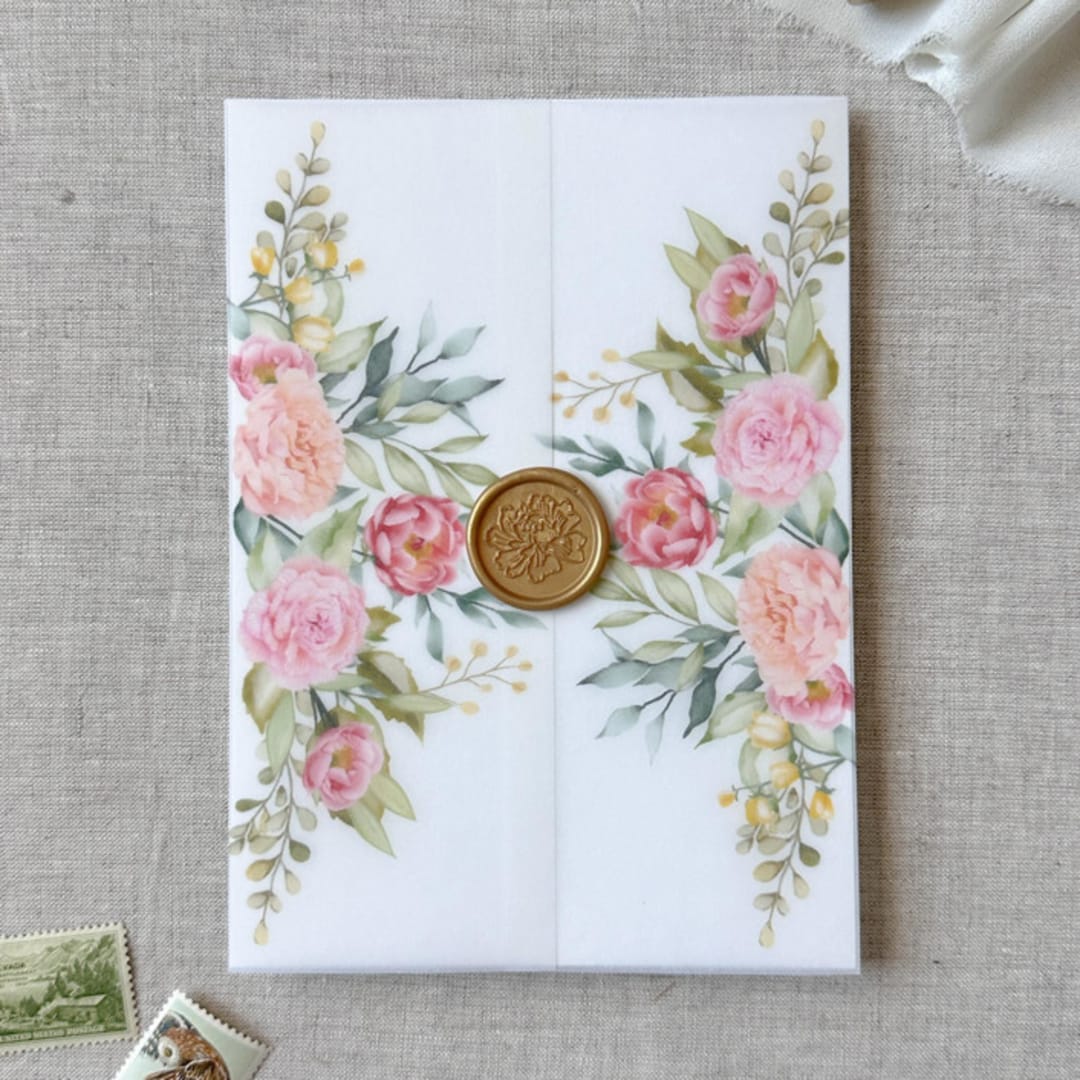 "Blush and pink florals vellum jacket | Set of 10" - Invitation Jackets and Overlays in multicolor by Maria Ferrer G.
