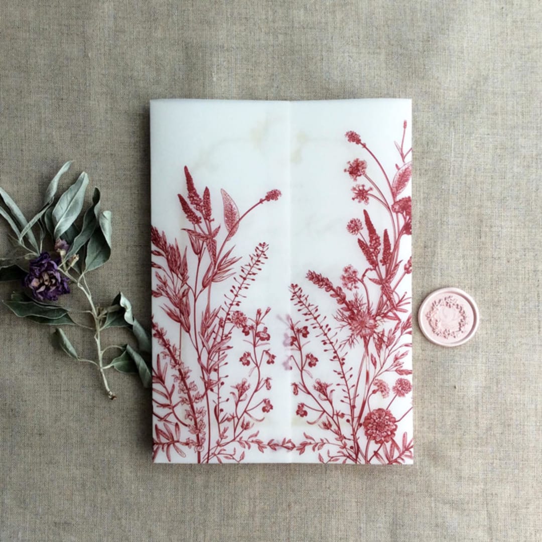"Burgundy English botanical garden floral vellum wrap for 5x7 card | pack of 10" - Invitation Jackets and Overlays in red by Ivory Invitations