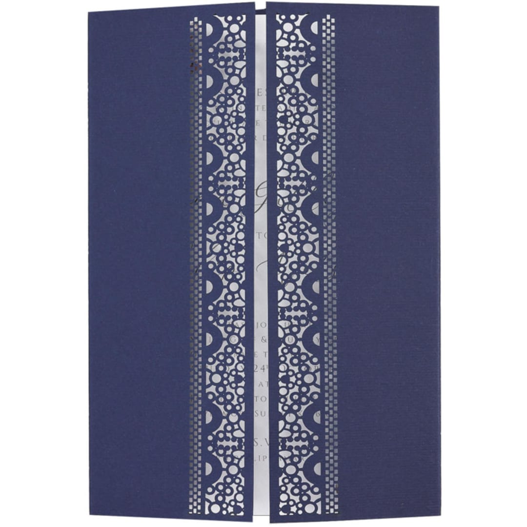 "Elegant Navy Blue Laser Cut Invitation Cover for 5x7 Card | Set of 10 | Envelopes Included" - Invitation Jackets and Overlays in blue by Self Stationery