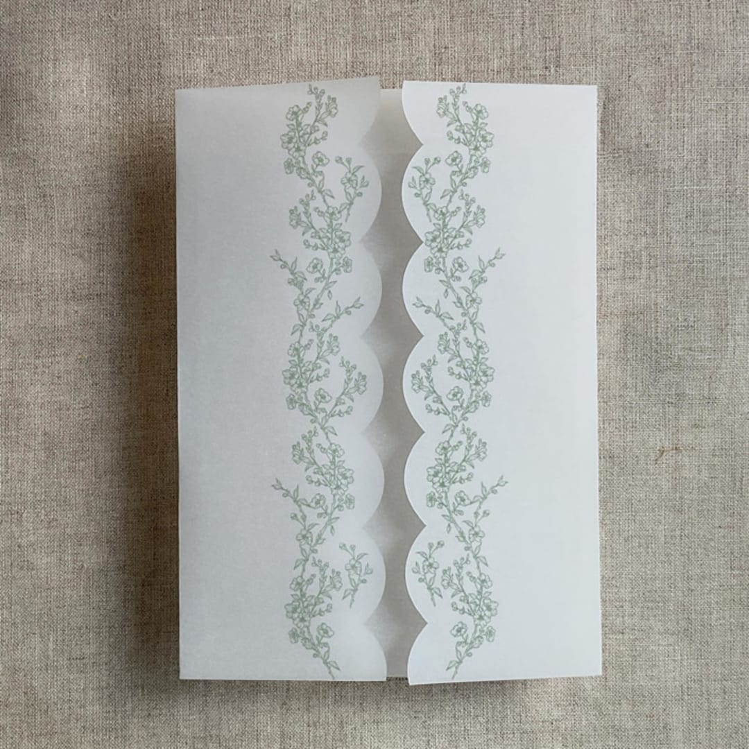 "Sage floral printed scallop edge vellum wrap for 5x7 card | pack of 10" - Invitation Jackets and Overlays in green by Ivory Invitations