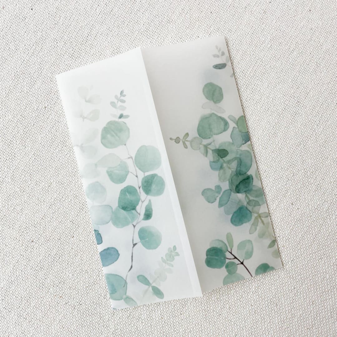 "Eucalyptus Sprigs Vellum Jacket | Set of 10" - Invitation Jackets and Overlays in green by Megan Tendler