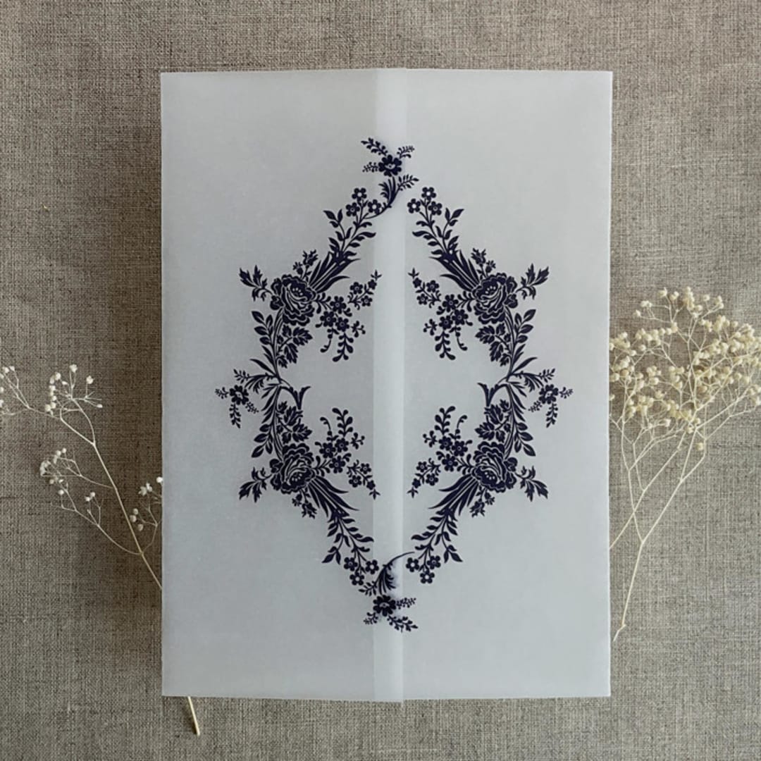 "Midnight blue print French floral crest vellum wrap for 5x7 card | pack of 10" - Invitation Jackets and Overlays in blue by Ivory Invitations