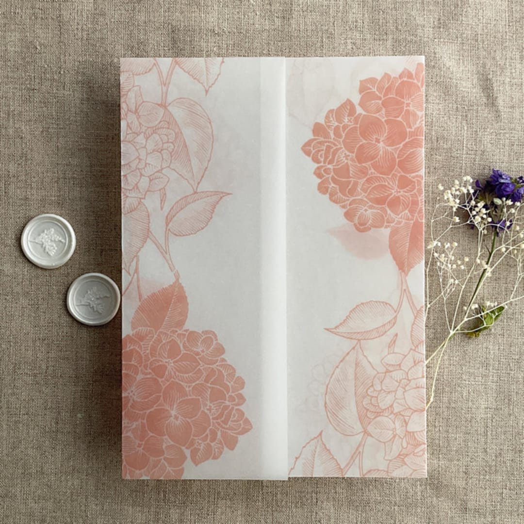 "Blush Hydrangea floral printed vellum wrap for 5x7 card | pack of 10" - Invitation Jackets and Overlays in pink by Ivory Invitations