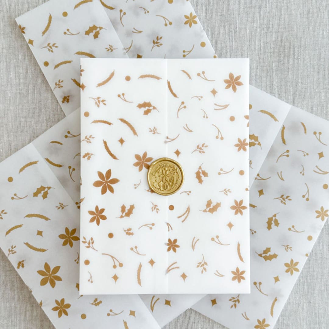 "Faux gold Christmas vellum wraps | Set of 10" - Invitation Jackets and Overlays in gold by Maria Ferrer G.
