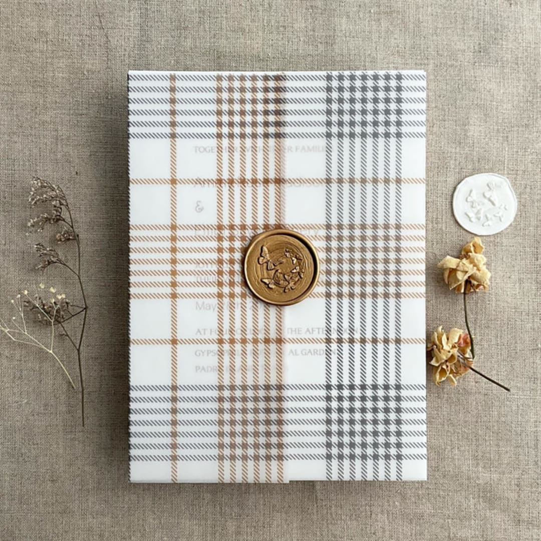 "Plaid lovers gold gray glen printed vellum wrap for 5x7 card | pack of 10" - Invitation Jackets and Overlays in multicolor by Ivory Invitations