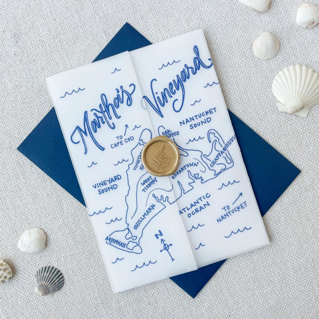 "Martha's Vineyard Vellum Jackets | Set of 10 | Blue & Green Color Options" - Invitation Jackets and Overlays in blue by Megan Tendler