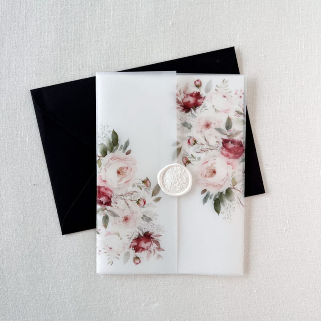 "Floral Vellum Jacket | Set of 10" - Invitation Jackets and Overlays in pink by Eva Friesen