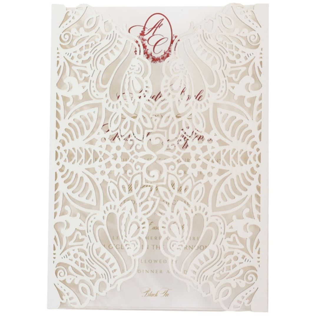 "Ivory Laser Cut Lace Jackets for 5x7 Card | Set of 10 | Envelopes Included" - Invitation Jackets and Overlays in beige by Self Stationery
