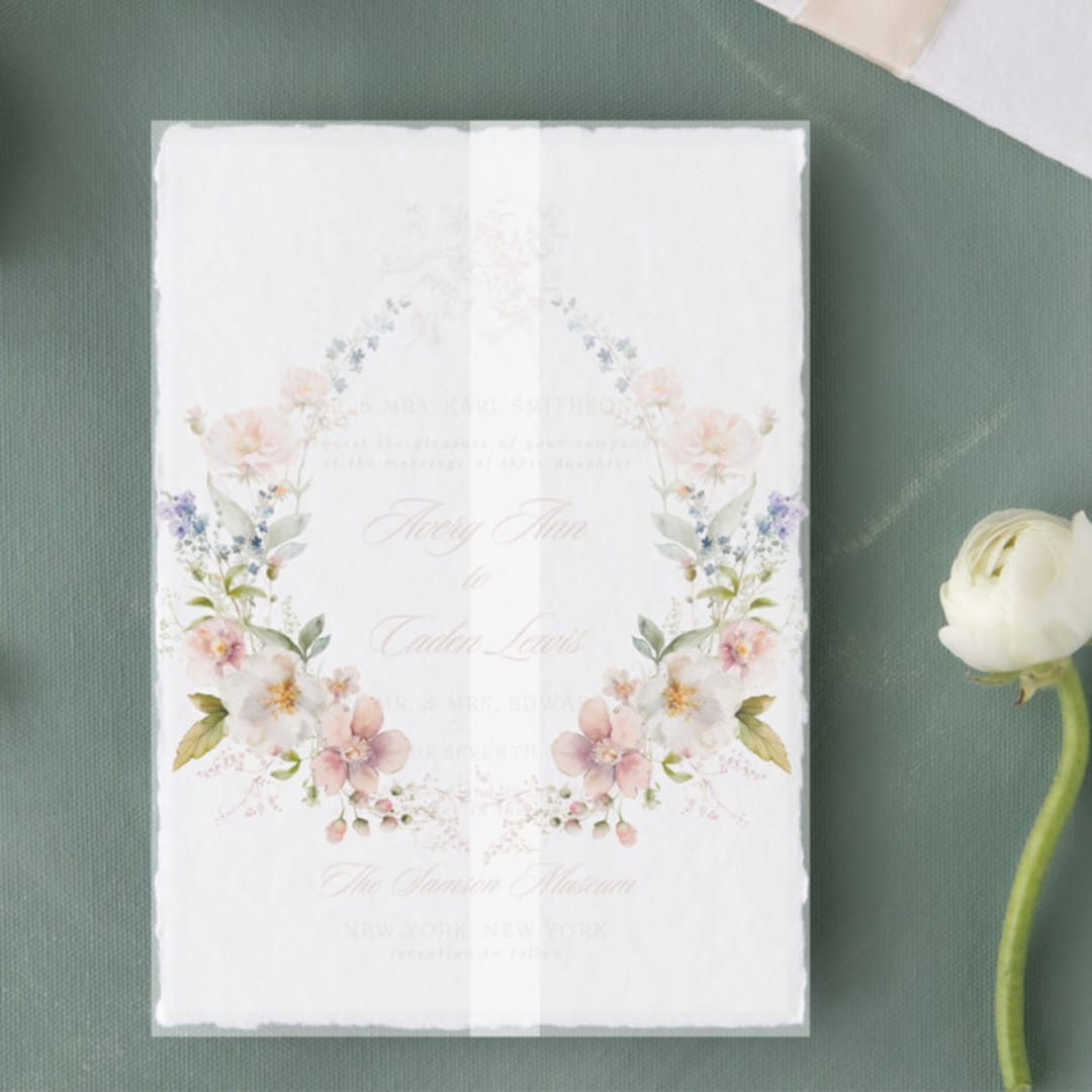 "Watercolor Wildflower Wreath Vellum Jacket (Set of 10)" - Invitation Jackets and Overlays in pink by Caroline Russo