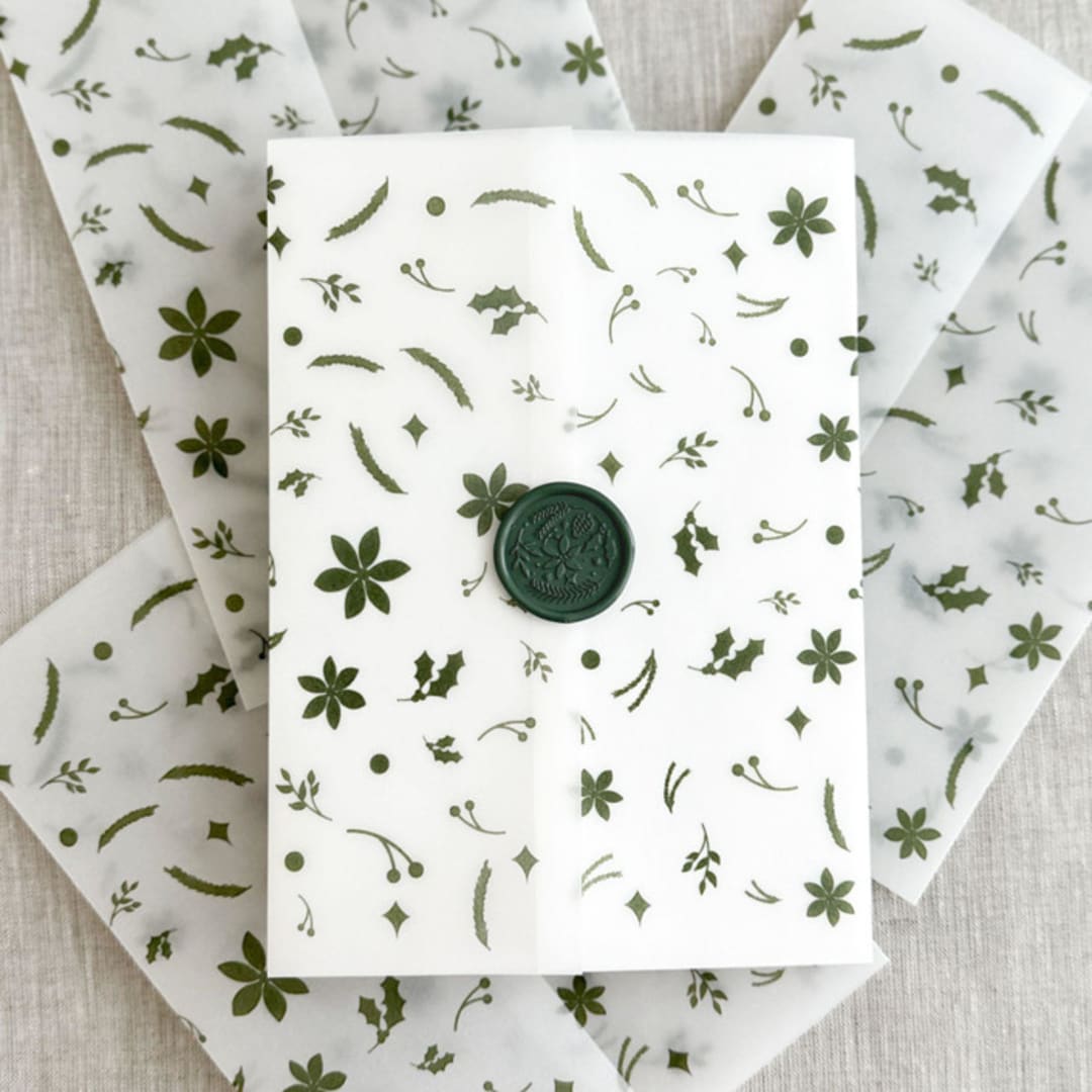 "Green Christmas patter vellum wraps | Set of 10" - Invitation Jackets and Overlays in green by Maria Ferrer G.