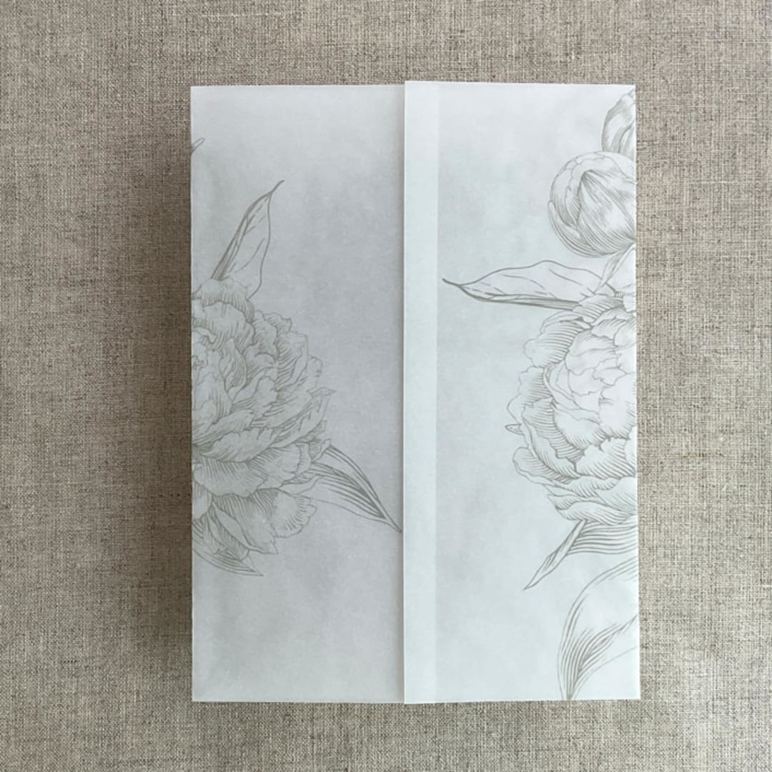 "Oyster etched grand peony floral printed vellum wrap for 5x7 card | pack of 10" - Invitation Jackets and Overlays in gray by Ivory Invitations