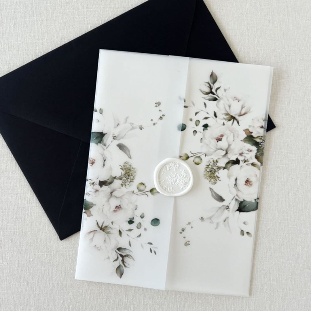 "White Rose Vellum Wrap for Wedding Invitations | Set of 10" - Invitation Jackets and Overlays in white by Eva Friesen