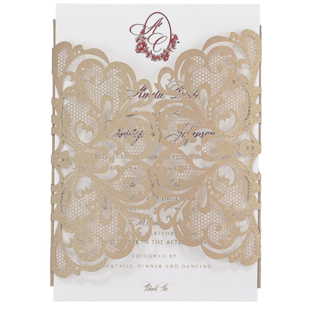 "Old Gold Luxury Laser cut Gatefold Jackets | Set of 10 | Envelopes Included" - Invitation Jackets and Overlays in gold by Self Stationery
