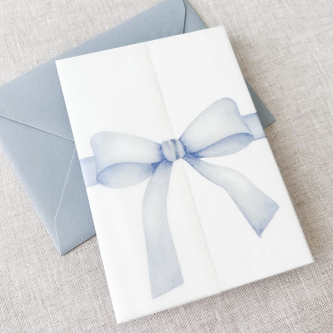 "Blue bow watercolor vellum jacket | Set of 10" - Invitation Jackets and Overlays in blue by Maria Ferrer G.