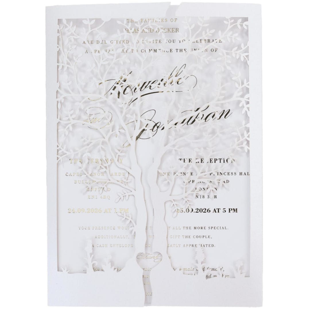 "Laser Cut Cover With a Motif of Tree | Set of 10 | Envelopes Included" - Invitation Jackets and Overlays in white by Self Stationery