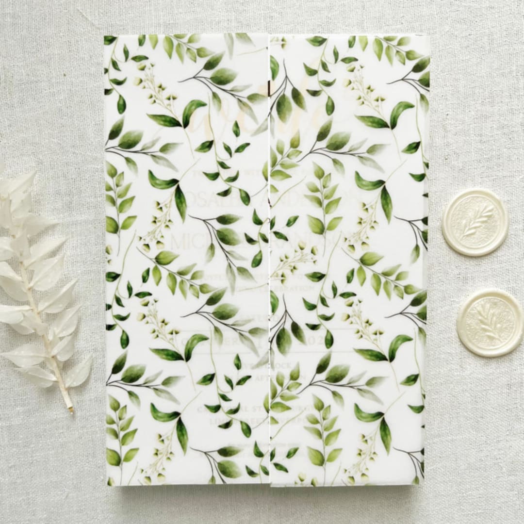 "Greenery Vellum Jacket for Wedding Invitations, Botanical Leaves Translucent Wrap, Elegant Nature Wedding Suite | Set of 10" - Invitation Jackets and Overlays in green by Self Stationery
