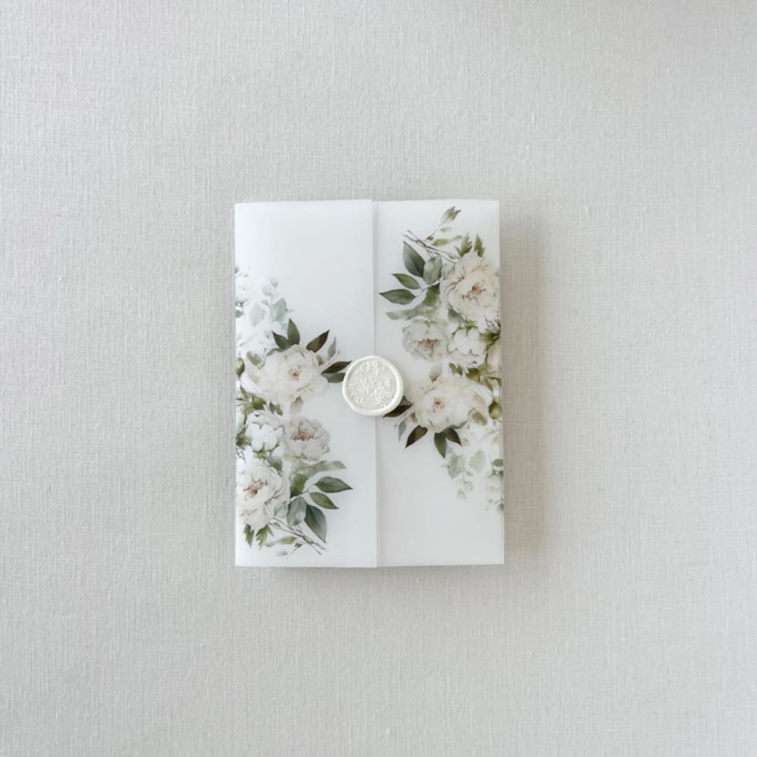 "White Floral and Greenery Vellum Jacket | "customizable" | Set of 10" - Invitation Jackets and Overlays in white by Eva Friesen