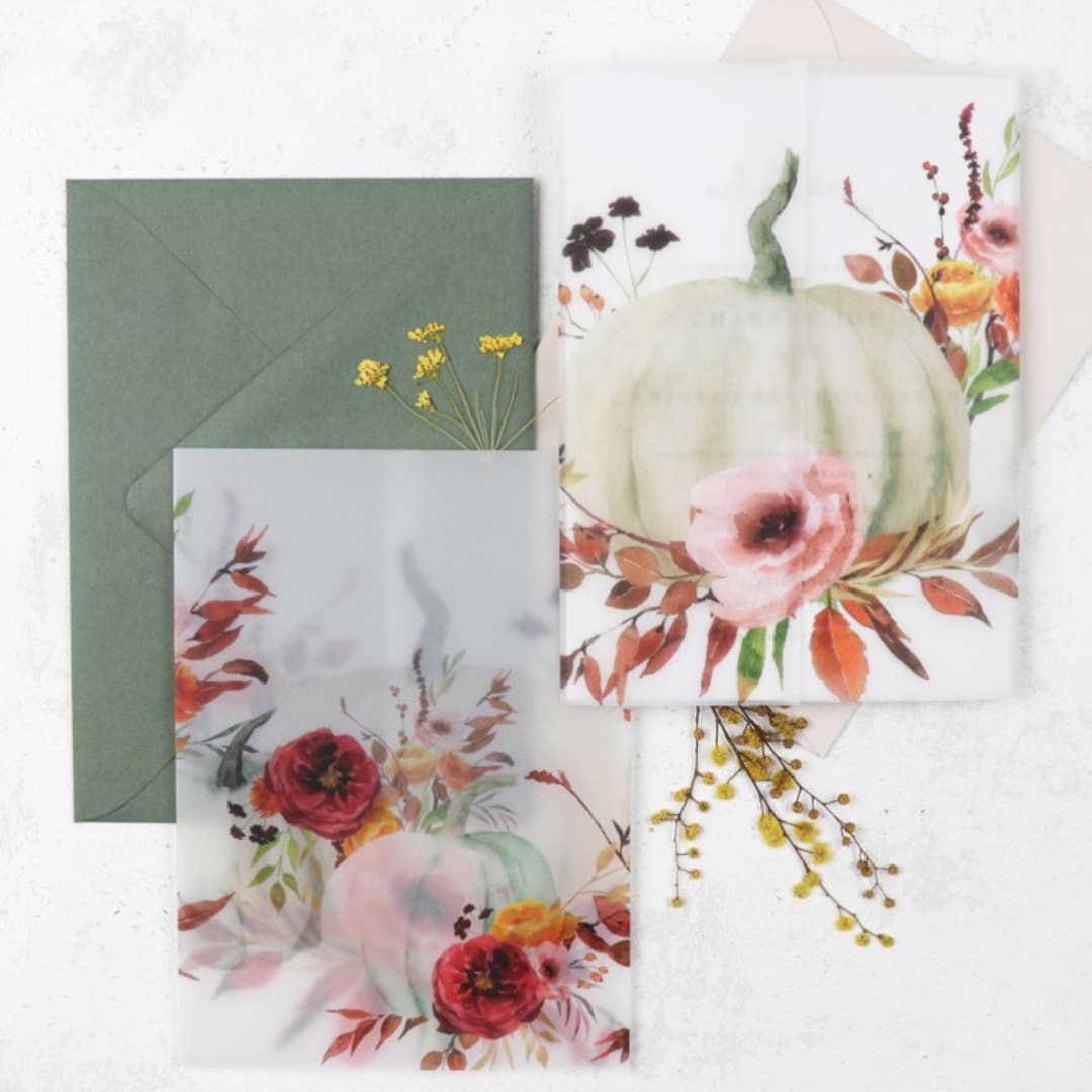 Fall Pumpkin Vellum Wraps for Holiday Cards and Wedding Invites | Size 5x7 | Set of 25