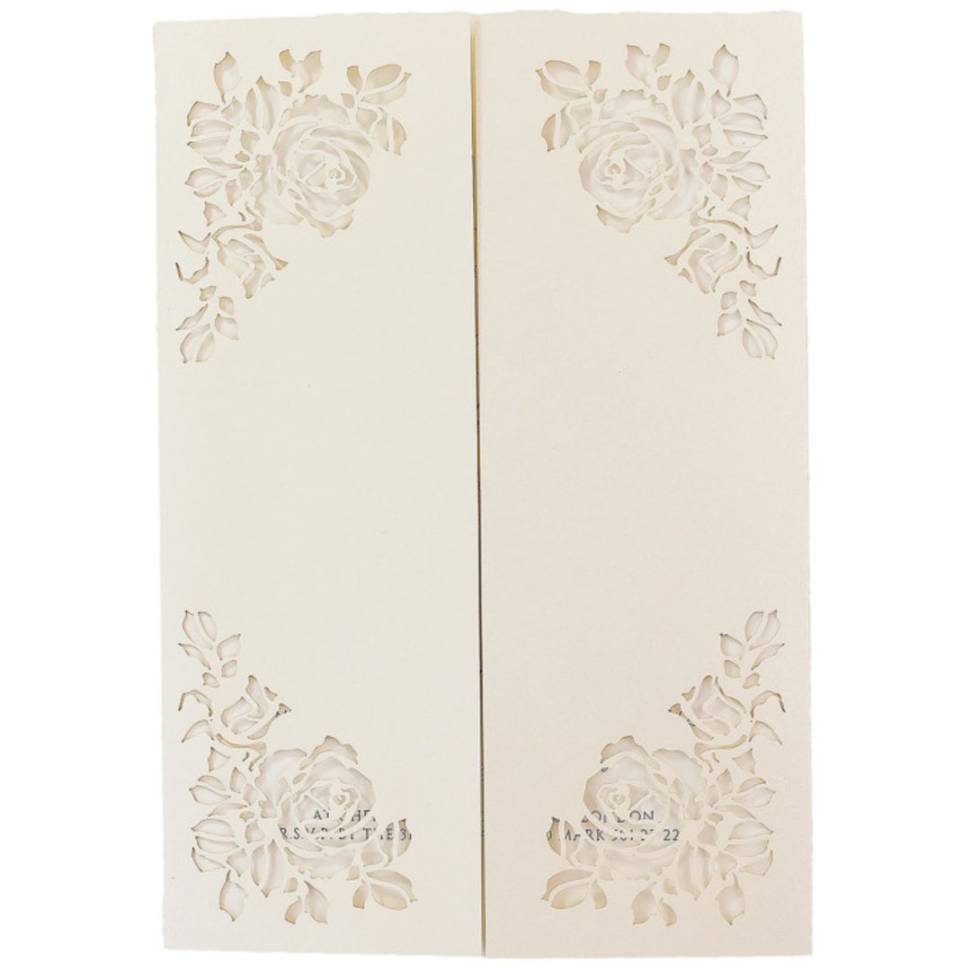 "Cream Gatefold with Intricate Laser Cut Roses for 5x7 Card | Set of 10 | Envelopes Included" - Invitation Jackets and Overlays in beige by Self Stationery